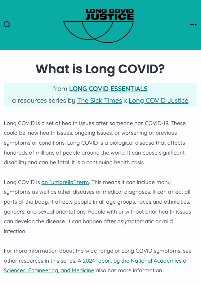 Image of the "What is Long COVID" webpage from the Long COVID Essentials series.
